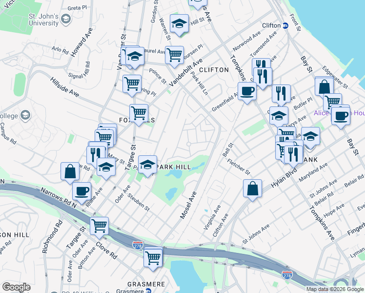 map of restaurants, bars, coffee shops, grocery stores, and more near 91 Long Pond Lane in Staten Island