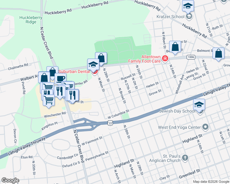 map of restaurants, bars, coffee shops, grocery stores, and more near 1545 North 28th Street in Allentown