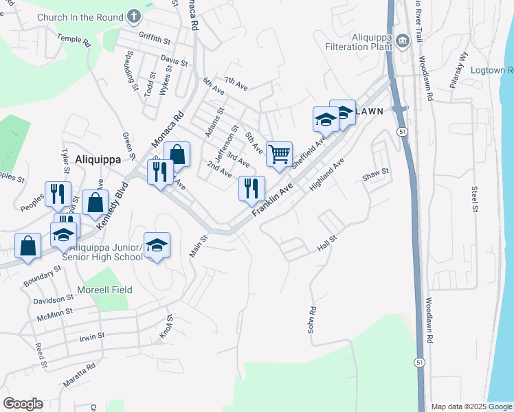 map of restaurants, bars, coffee shops, grocery stores, and more near 666 Franklin Avenue in Aliquippa