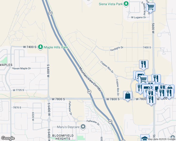 map of restaurants, bars, coffee shops, grocery stores, and more near 6082 West Sapphire Street in West Jordan