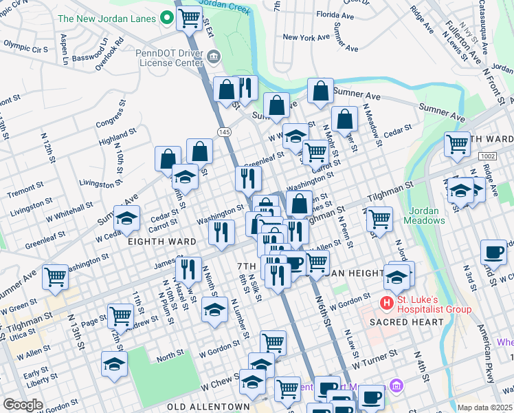 map of restaurants, bars, coffee shops, grocery stores, and more near 817 North 7th Street in Allentown