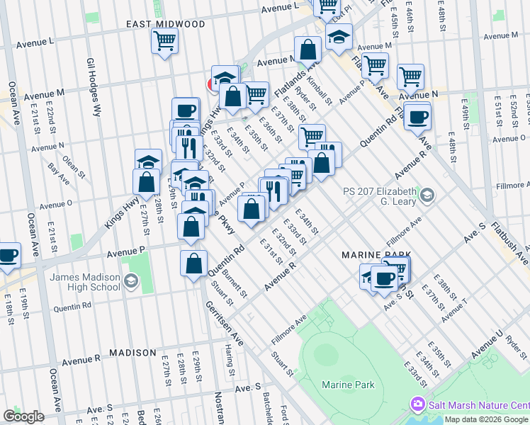 map of restaurants, bars, coffee shops, grocery stores, and more near 3315 Quentin Road in Brooklyn