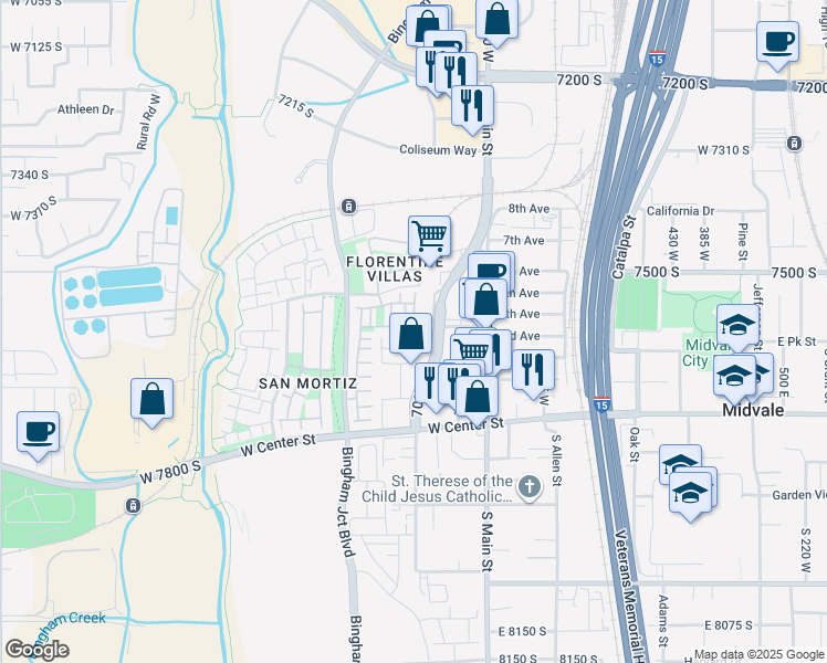 map of restaurants, bars, coffee shops, grocery stores, and more near 833 Cannara Way in Midvale
