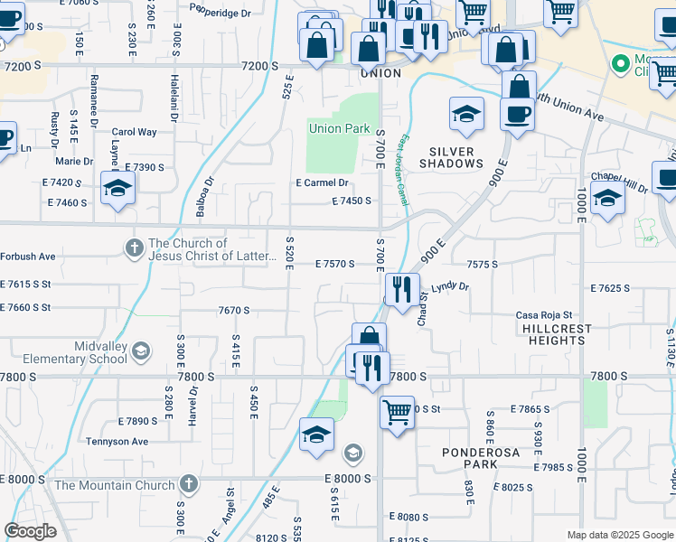 map of restaurants, bars, coffee shops, grocery stores, and more near 610 East 7570 South in Midvale