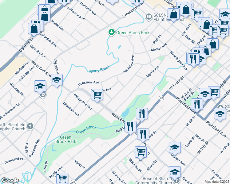 map of restaurants, bars, coffee shops, grocery stores, and more near 102 Willow Avenue in North Plainfield
