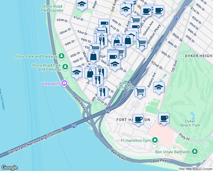 map of restaurants, bars, coffee shops, grocery stores, and more near 411 99th Street in Brooklyn