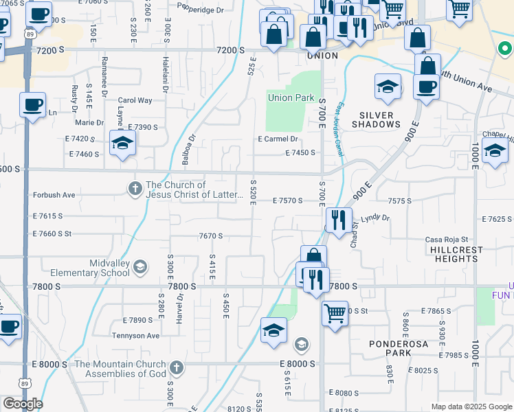 map of restaurants, bars, coffee shops, grocery stores, and more near 7579 South 520 East in Midvale