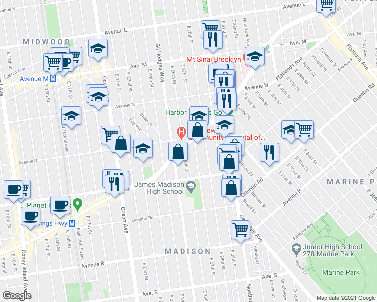 map of restaurants, bars, coffee shops, grocery stores, and more near 1525 East 26th Street in Brooklyn