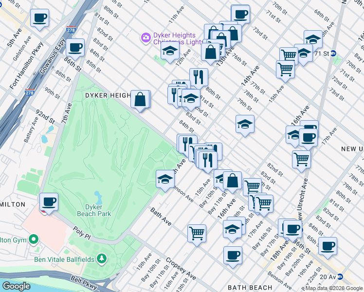 map of restaurants, bars, coffee shops, grocery stores, and more near 1359 86th Street in Brooklyn
