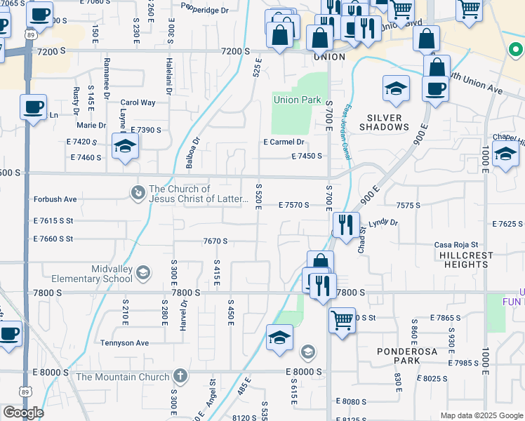 map of restaurants, bars, coffee shops, grocery stores, and more near 7579 South 520 East in Midvale