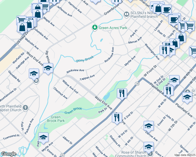 map of restaurants, bars, coffee shops, grocery stores, and more near 102 Willow Avenue in North Plainfield