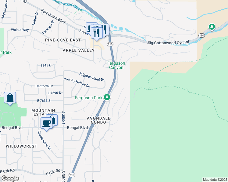 map of restaurants, bars, coffee shops, grocery stores, and more near 7581 South Prospector Drive in Cottonwood Heights