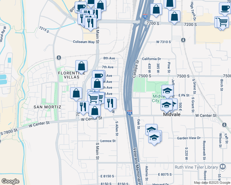 map of restaurants, bars, coffee shops, grocery stores, and more near 610 140 North in Midvale