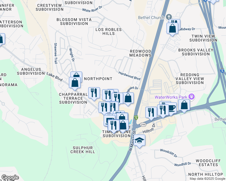 map of restaurants, bars, coffee shops, grocery stores, and more near 4200 Baywood Drive in Redding