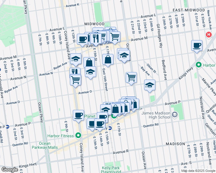map of restaurants, bars, coffee shops, grocery stores, and more near 1485 East 16th Street in Brooklyn