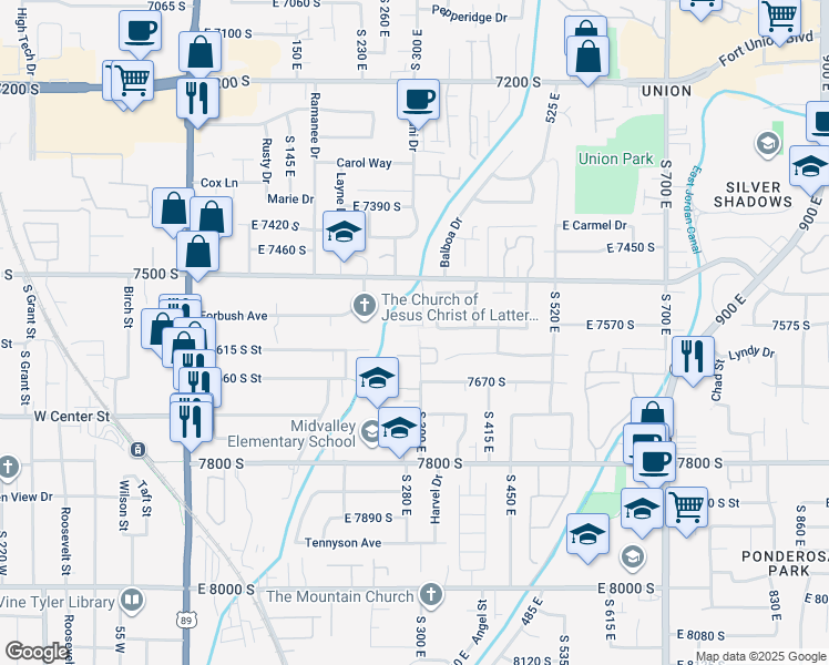 map of restaurants, bars, coffee shops, grocery stores, and more near 290 Regent Park Court in Midvale