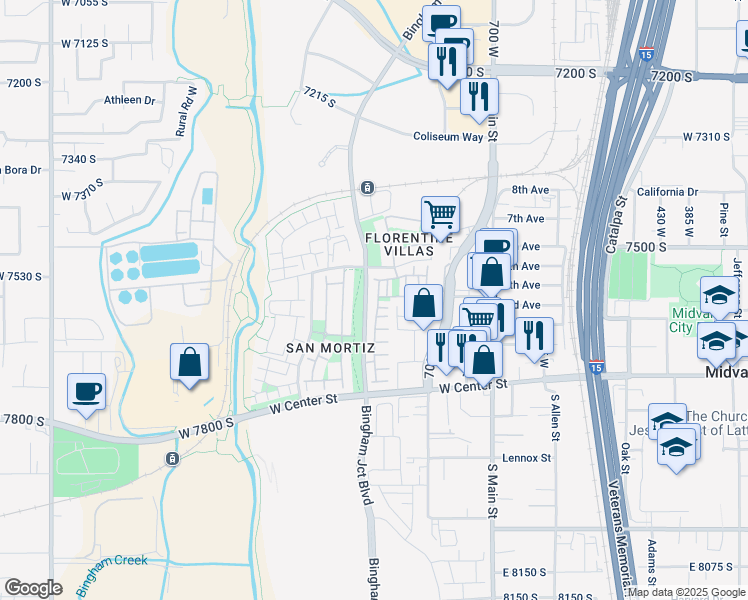 map of restaurants, bars, coffee shops, grocery stores, and more near 7536 Coreiano Lane in Midvale