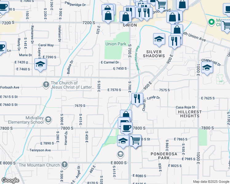 map of restaurants, bars, coffee shops, grocery stores, and more near 610 East 7570 South in Midvale