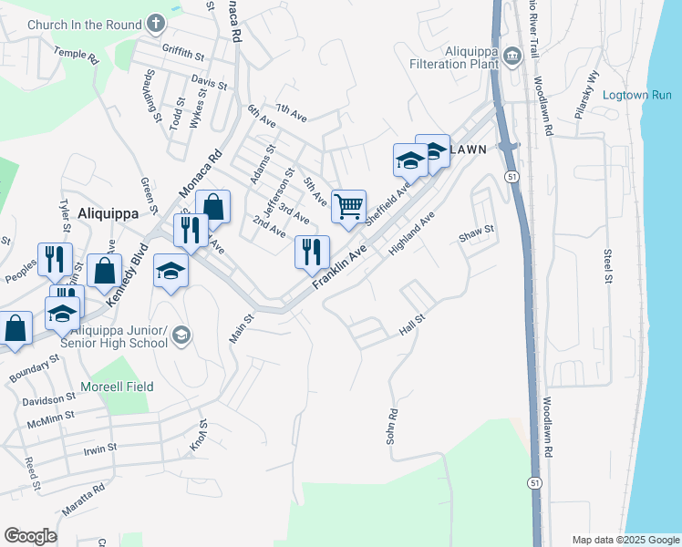 map of restaurants, bars, coffee shops, grocery stores, and more near 663 Franklin Avenue in Aliquippa