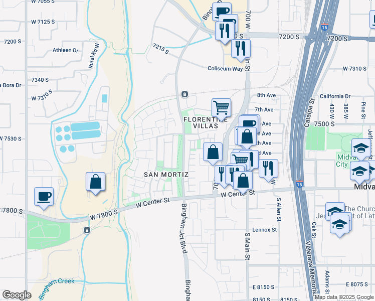 map of restaurants, bars, coffee shops, grocery stores, and more near 7536 Coreiano Lane in Midvale