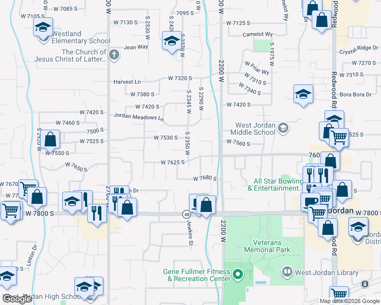 map of restaurants, bars, coffee shops, grocery stores, and more near 7543 South 2350 West in West Jordan