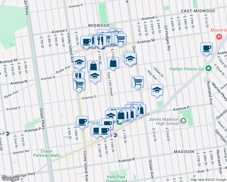 map of restaurants, bars, coffee shops, grocery stores, and more near 1476 East 17th Street in Brooklyn