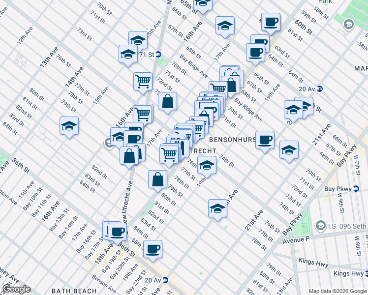 map of restaurants, bars, coffee shops, grocery stores, and more near 1765 Bay Ridge Parkway in Brooklyn