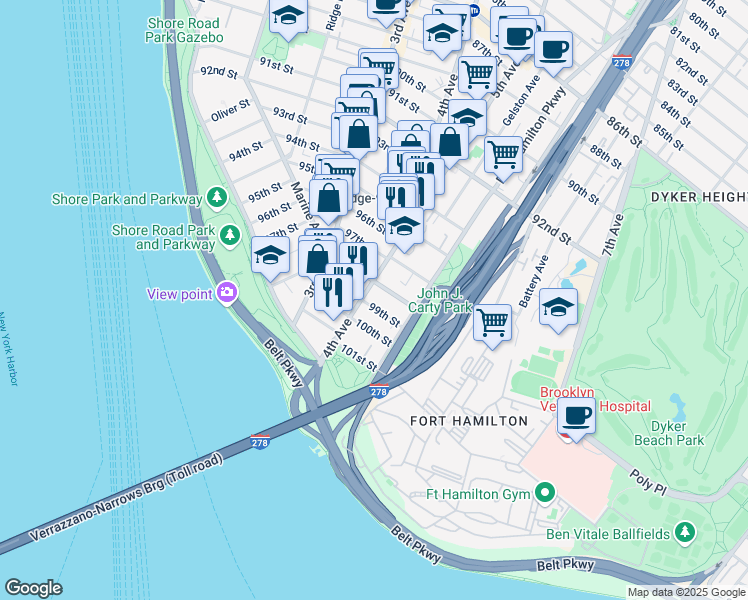 map of restaurants, bars, coffee shops, grocery stores, and more near 9824 4th Avenue in Brooklyn