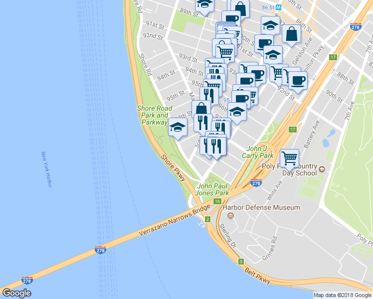map of restaurants, bars, coffee shops, grocery stores, and more near 101 99th Street in Brooklyn
