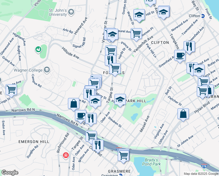 map of restaurants, bars, coffee shops, grocery stores, and more near 534 Targee Street in Staten Island