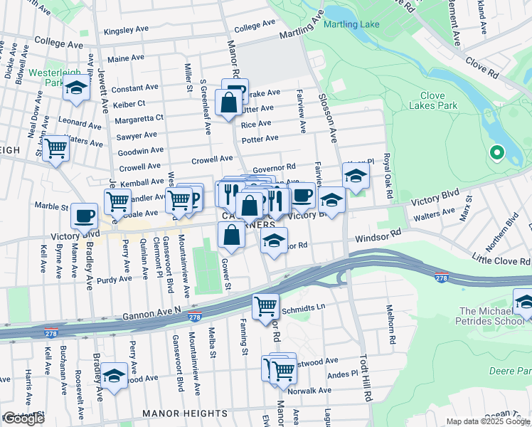 map of restaurants, bars, coffee shops, grocery stores, and more near 98 Beechwood Place in Staten Island