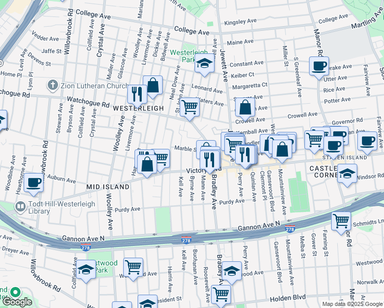 map of restaurants, bars, coffee shops, grocery stores, and more near 59 Marble Street in Staten Island