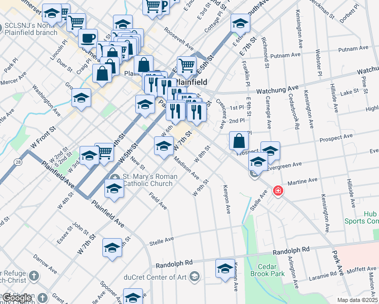map of restaurants, bars, coffee shops, grocery stores, and more near 117 West 7th Street in Plainfield