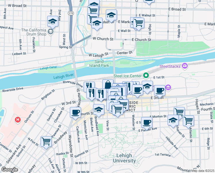 map of restaurants, bars, coffee shops, grocery stores, and more near 11 West 2nd Street in Bethlehem