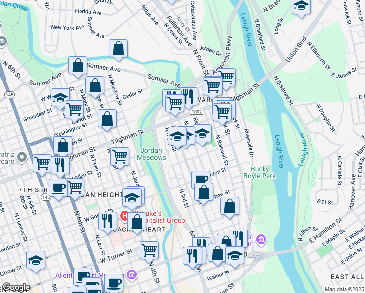 map of restaurants, bars, coffee shops, grocery stores, and more near 601 North 2nd Street in Allentown