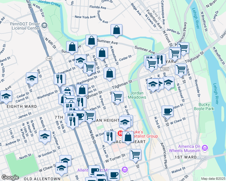 map of restaurants, bars, coffee shops, grocery stores, and more near 708 North Jordan Street in Allentown