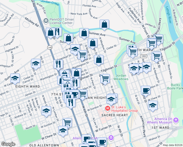 map of restaurants, bars, coffee shops, grocery stores, and more near 416 West Green Street in Allentown