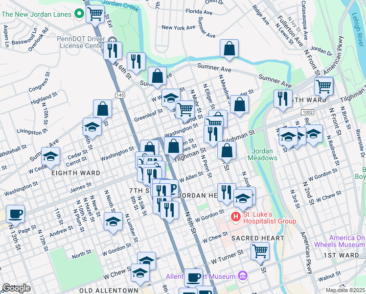 map of restaurants, bars, coffee shops, grocery stores, and more near 737 North 5th Street in Allentown