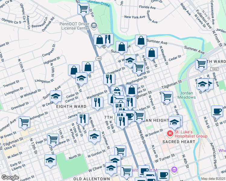map of restaurants, bars, coffee shops, grocery stores, and more near 817 North 7th Street in Allentown