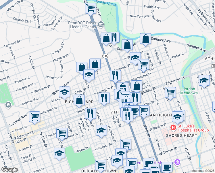 map of restaurants, bars, coffee shops, grocery stores, and more near 733 Cedar Street in Allentown