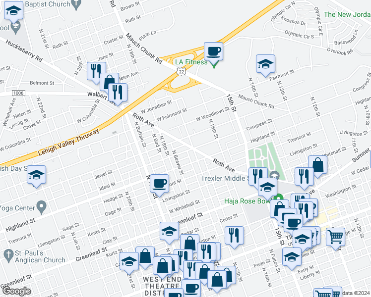 map of restaurants, bars, coffee shops, grocery stores, and more near 1708 Pennsylvania Street in Allentown