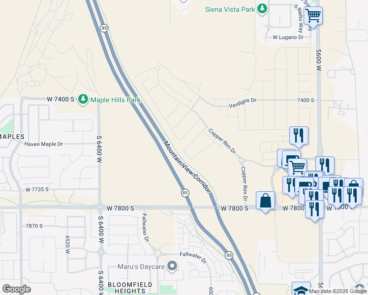 map of restaurants, bars, coffee shops, grocery stores, and more near 6078 West Sapphire Street in West Jordan