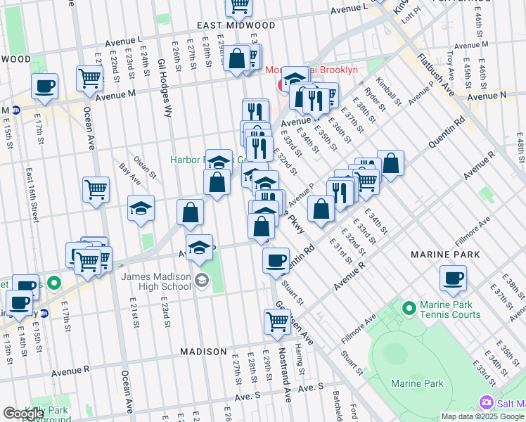 map of restaurants, bars, coffee shops, grocery stores, and more near 1286 Madison Place in Brooklyn