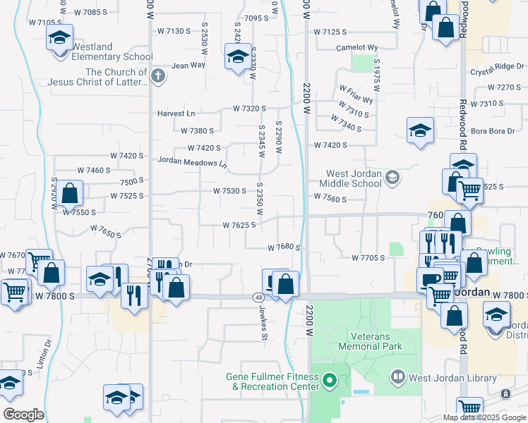 map of restaurants, bars, coffee shops, grocery stores, and more near 7543 South 2350 West in West Jordan