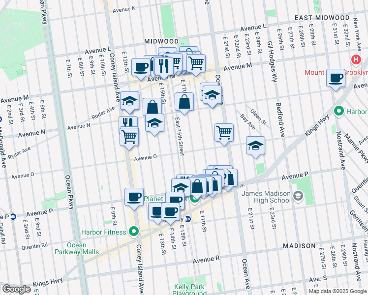 map of restaurants, bars, coffee shops, grocery stores, and more near 1485 East 16th Street in Brooklyn