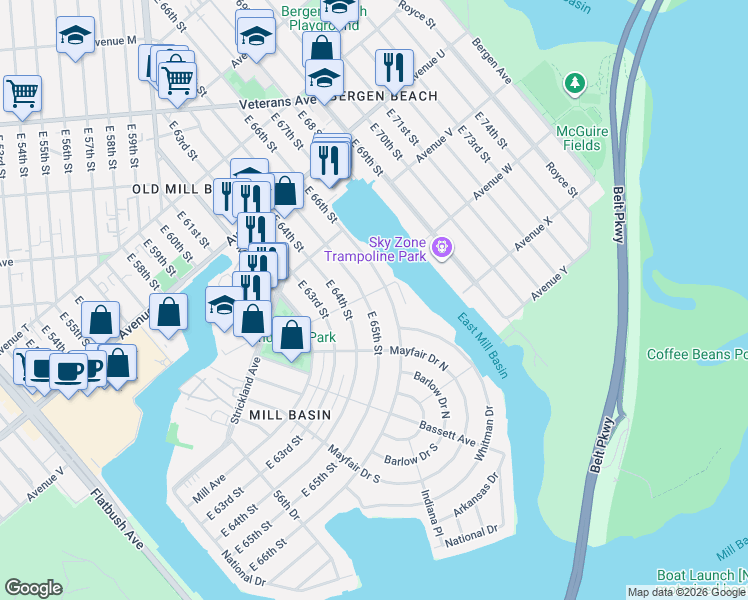 map of restaurants, bars, coffee shops, grocery stores, and more near 2284 East 66th Street in Brooklyn
