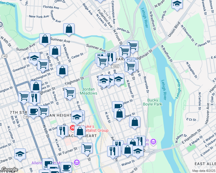 map of restaurants, bars, coffee shops, grocery stores, and more near 531 North 2nd Street in Allentown