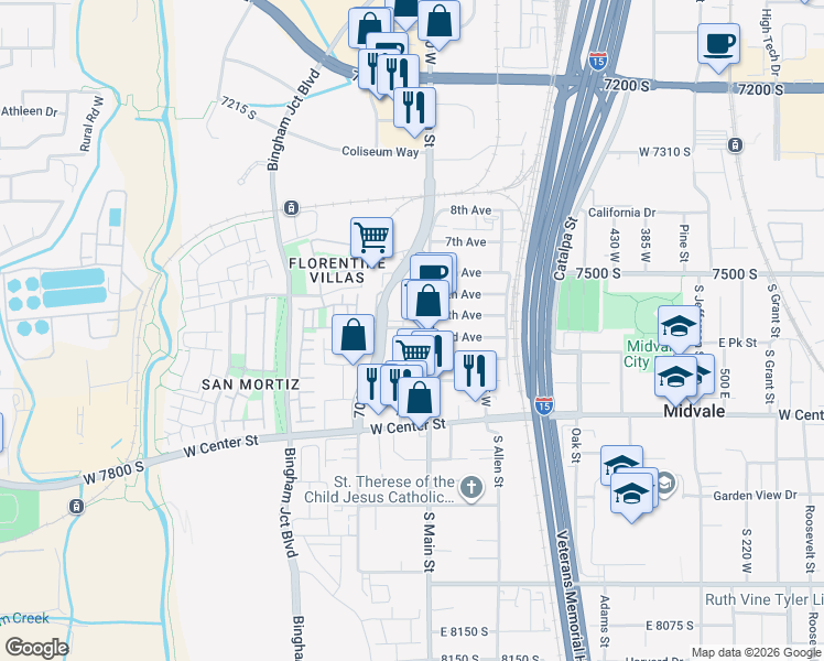 map of restaurants, bars, coffee shops, grocery stores, and more near 7592 South Main Street in Midvale