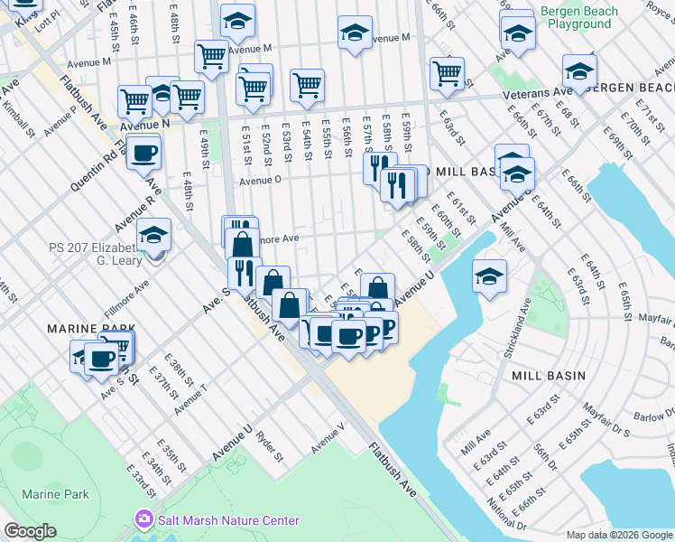 map of restaurants, bars, coffee shops, grocery stores, and more near 1816 East 55th Street in Brooklyn