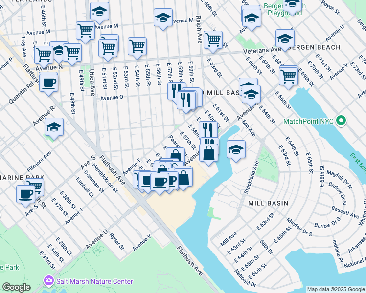 map of restaurants, bars, coffee shops, grocery stores, and more near 2035 East 57th Street in Brooklyn